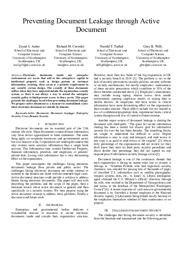 (PDF) Preventing document leakage through active document Gary Wills