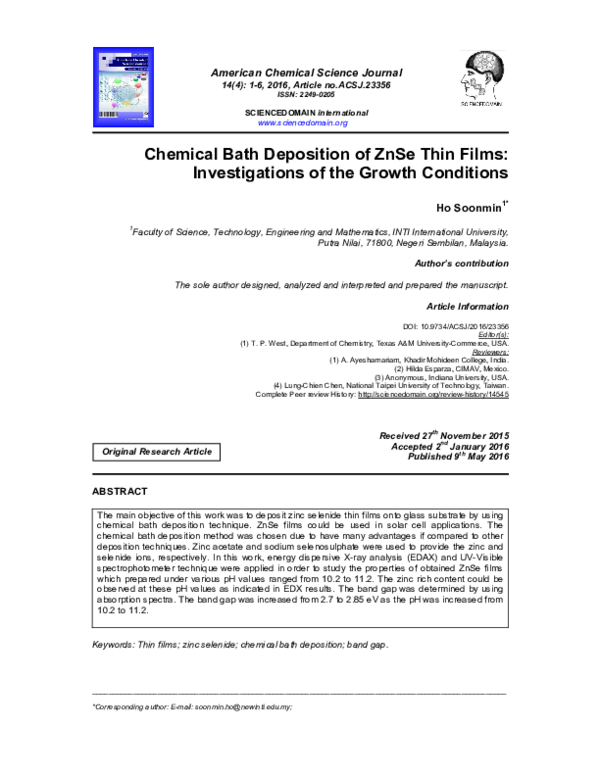 (PDF) Chemical Bath Deposition of ZnSe Thin Films: Investigations of ...