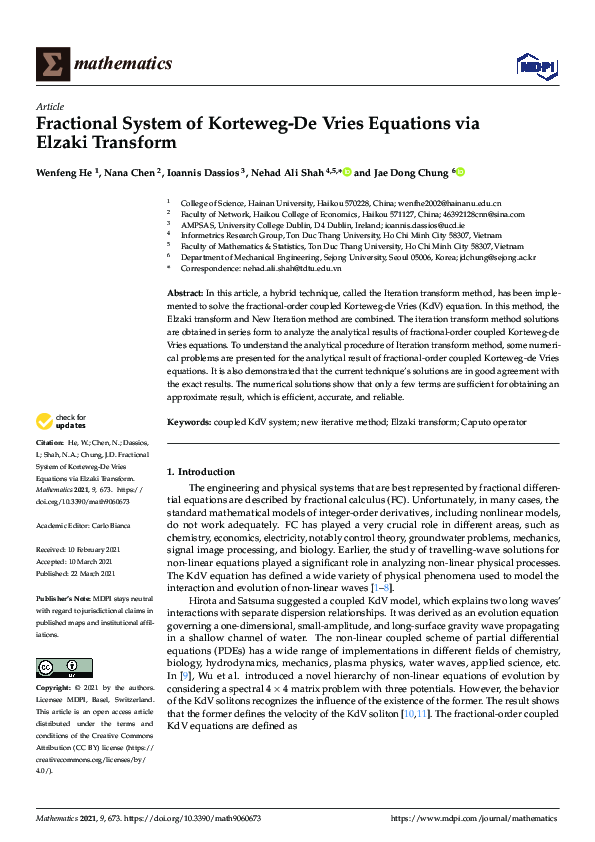 (PDF) Fractional System of Korteweg-De Vries Equations via Elzaki Transform