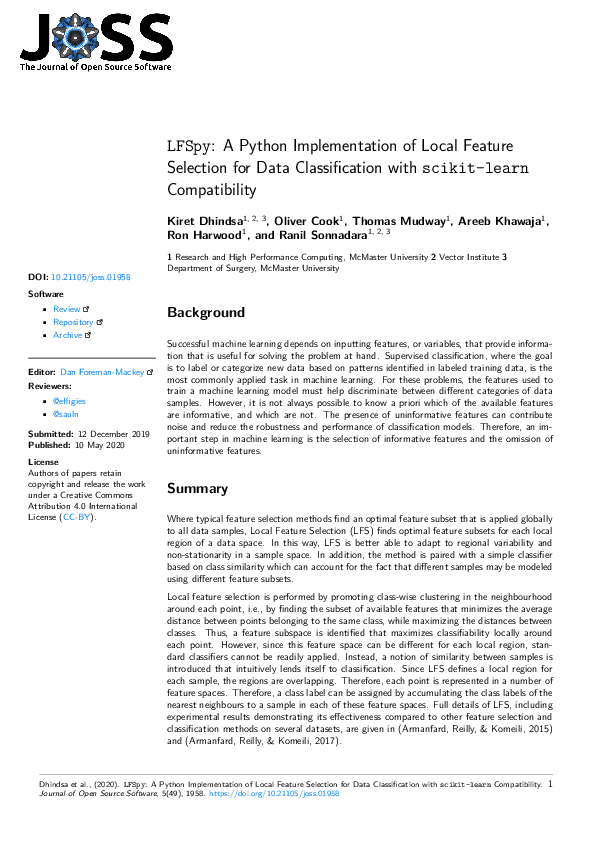 (PDF) LFSpy: A Python Implementation of Local Feature Selection for ...