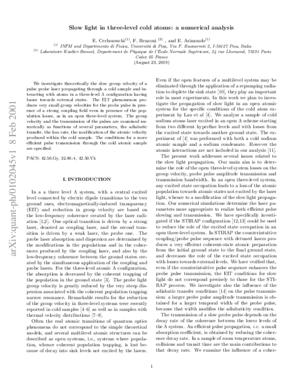 (PDF) Slow light in three-level cold atoms: a numerical analysis