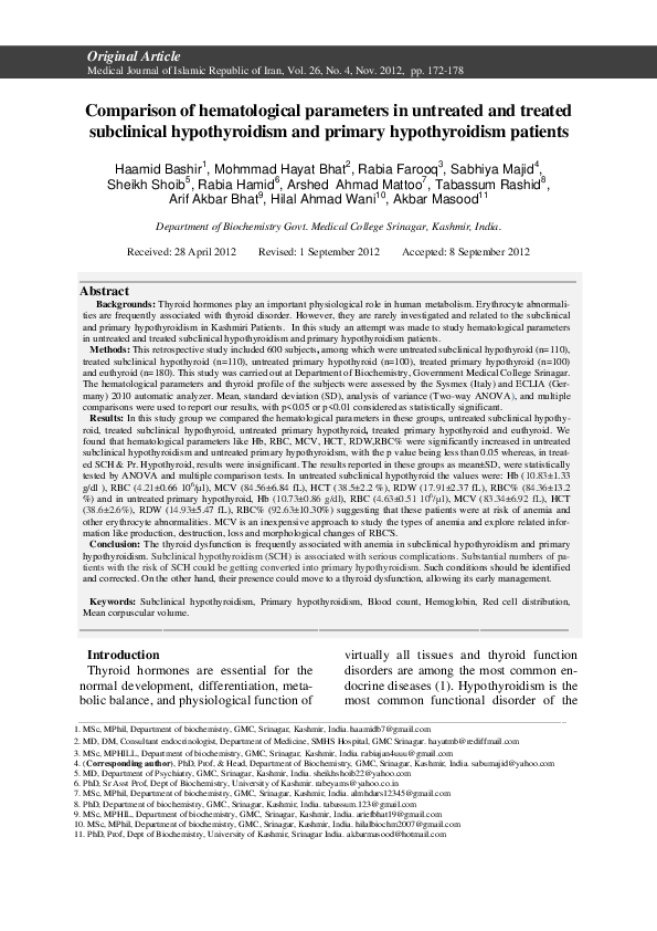 (PDF) Comparison of hematological parameters in untreated and treated ...