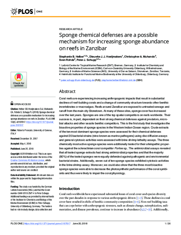 (PDF) Sponge chemical defenses are a possible mechanism for increasing