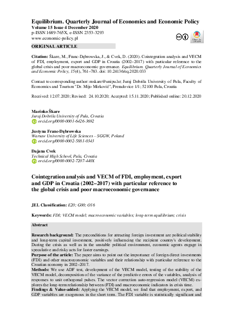 (PDF) Cointegration analysis and VECM of FDI, employment, export and ...