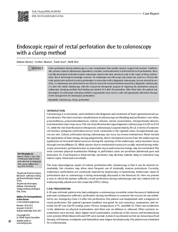(PDF) Endoscopic repair of rectal perforation due to colonoscopy with a