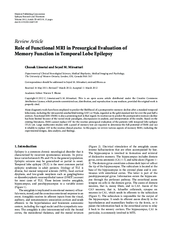 (PDF) Role of Functional MRI in Presurgical Evaluation of Memory ...
