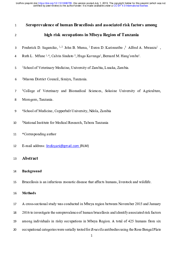 (PDF) Seroprevalence of human Brucellosis and associated risk factors ...