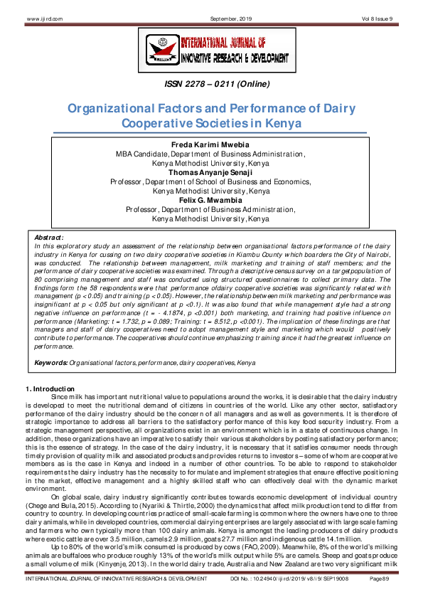 (PDF) Organizational Factors and Performance of Dairy Cooperative