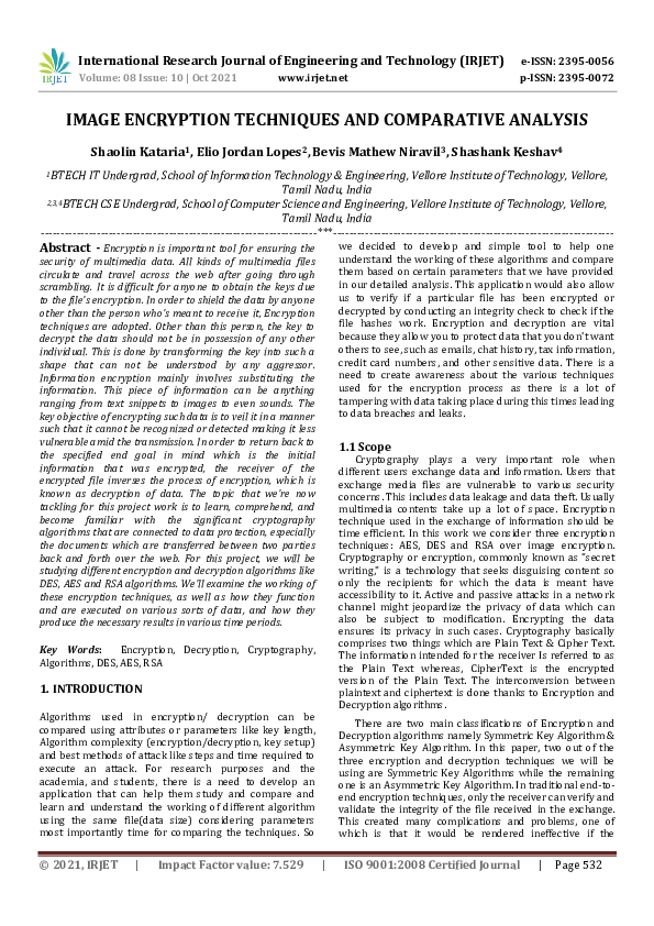 (PDF) IRJET- IMAGE ENCRYPTION TECHNIQUES AND COMPARATIVE ANALYSIS