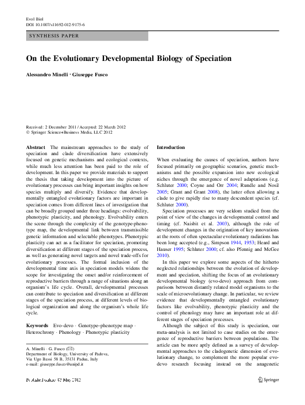 (PDF) On the Evolutionary Developmental Biology of Speciation