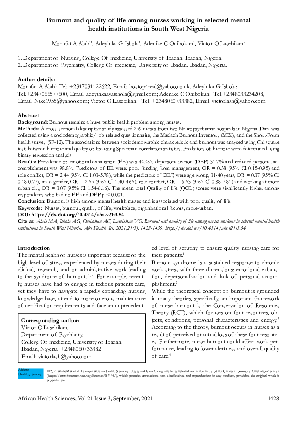 (PDF) Burnout and quality of life among nurses working in selected ...