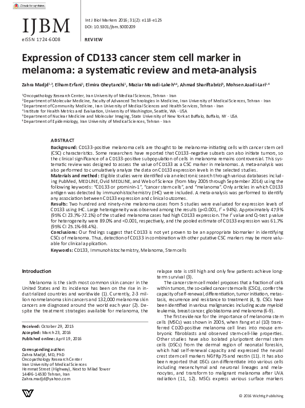 (PDF) Expression of CD133 cancer stem cell marker in melanoma: a ...