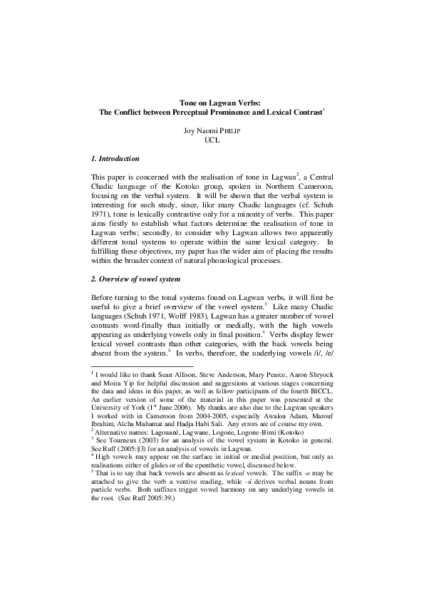 (PDF) Tone on Lagwan Verbs: The Conflict between Perceptual Prominence ...