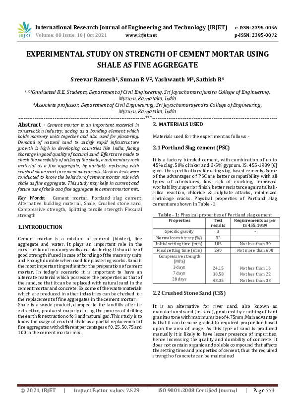 (PDF) IRJET- EXPERIMENTAL STUDY ON STRENGTH OF CEMENT MORTAR USING ...