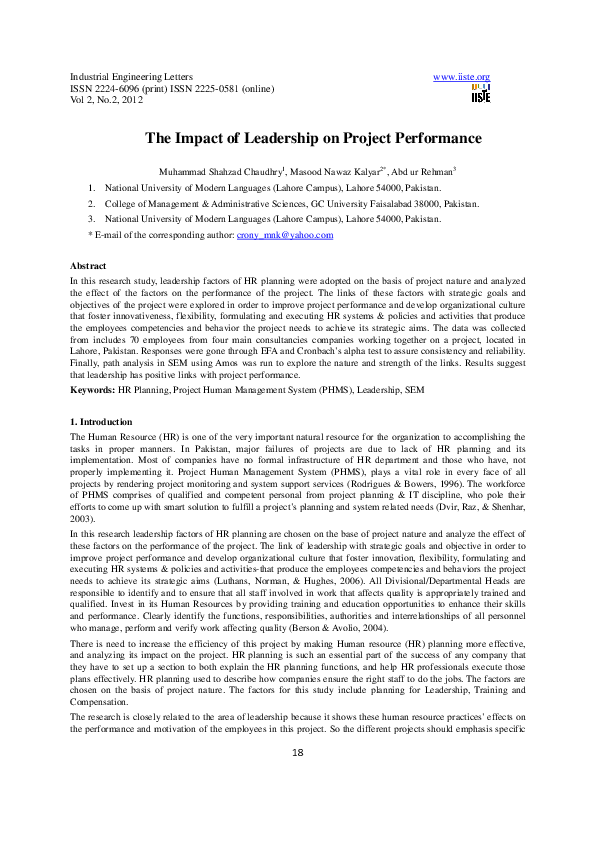 (PDF) The Impact of Leadership on Project Performance