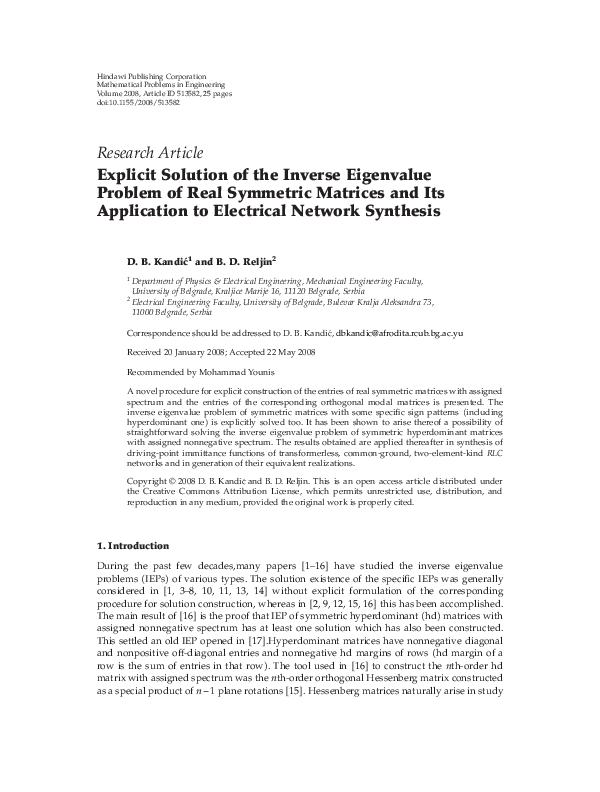 (PDF) Explicit Solution of the Inverse Eigenvalue Problem of Real ...