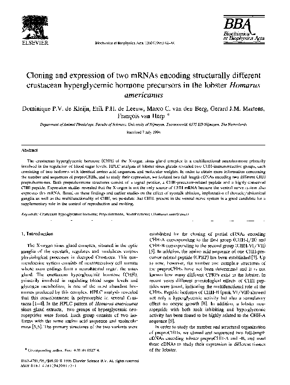 (PDF) Cloning and expression of two mRNAs encoding structurally ...
