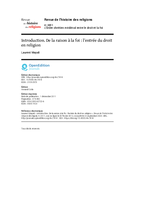 (PDF) Introduction. De la raison à la foi : l’entrée du droit en religion