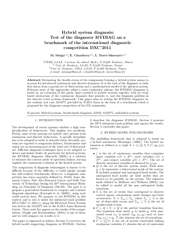 (PDF) Hybrid System Diagnosis : Test of the Diagnoser HYDIAG on a ...
