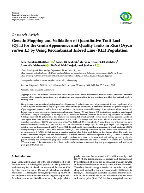 (PDF) Genetic Mapping and Validation of Quantitative Trait Loci (QTL ...