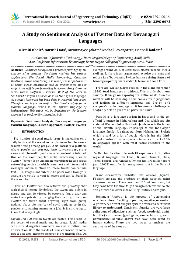 (PDF) IRJET-A Study on Sentiment Analysis of Twitter Data for ...