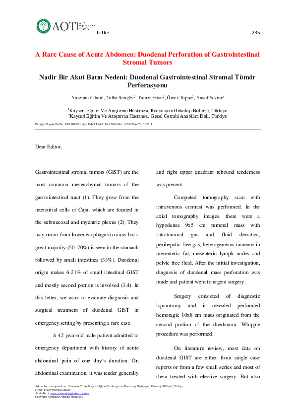 A Rare Cause of Acute Abdomen: Duodenal Perforation of Gastrointestinal Stromal Tumors