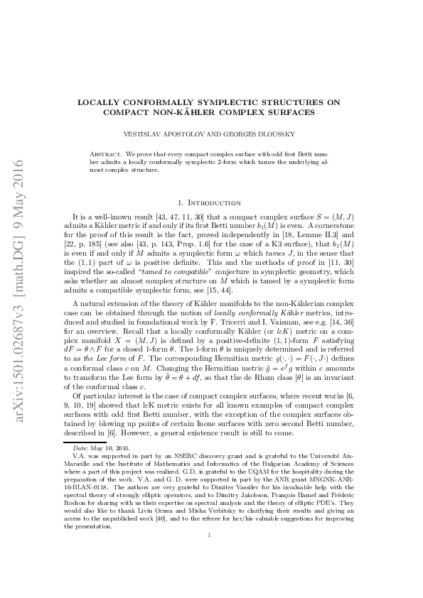 (PDF) Locally Conformally Symplectic Structures on Compact Non-Kähler ...