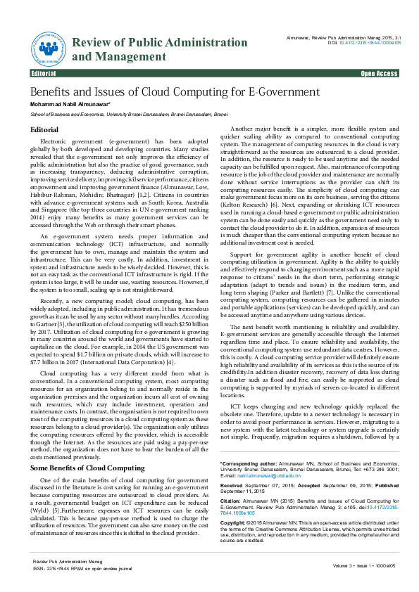 (PDF) Benefits and Issues of Cloud Computing for E-Government