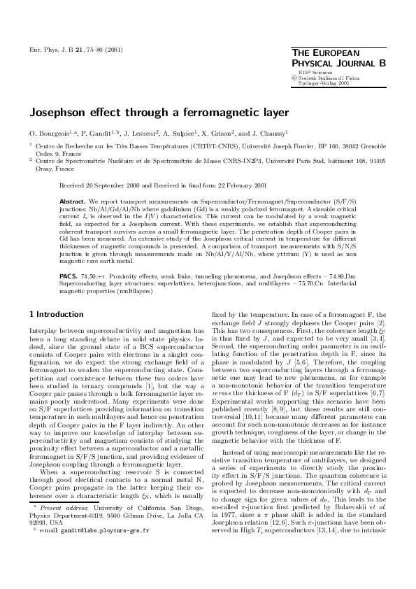 (PDF) Josephson effect through a ferromagnetic layer