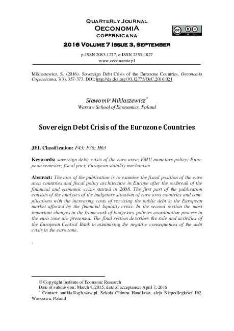 (PDF) Sovereign Debt Crisis of the Eurozone Countries