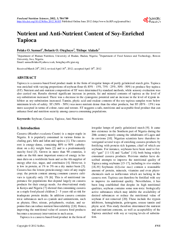 (PDF) Nutrient and Anti-Nutrient Content of Soy-Enriched Tapioca