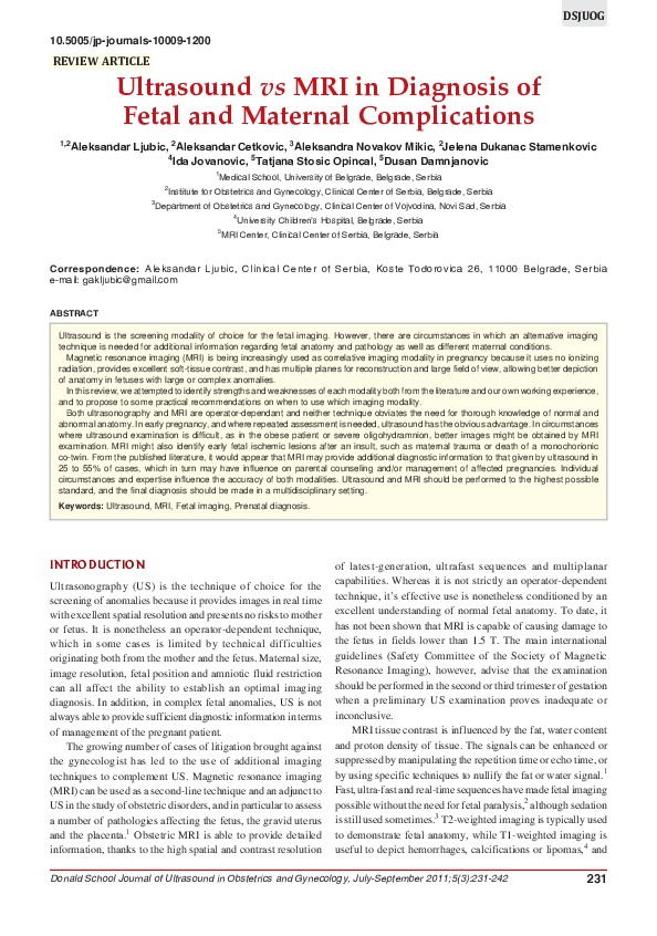 (PDF) Ultrasound vs MRI in Diagnosis of Fetal and Maternal Complications