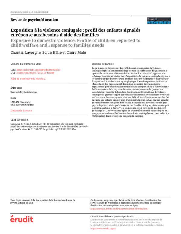 (PDF) Exposition à la violence conjugale : profil des enfants signalés ...