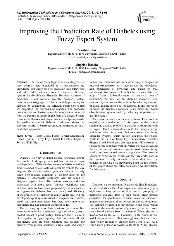 (PDF) Improving the Prediction Rate of Diabetes using Fuzzy Expert System