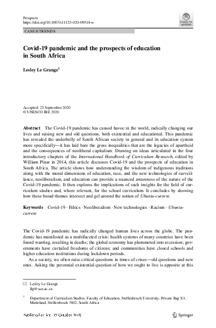 (PDF) Covid-19 pandemic and the prospects of education in South Africa