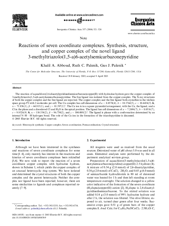 (PDF) Reactions of seven coordinate complexes. Synthesis, structure ...
