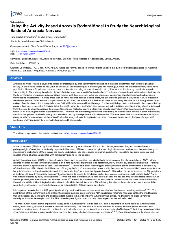 (PDF) Using the Activitybased Anorexia Rodent Model to Study the