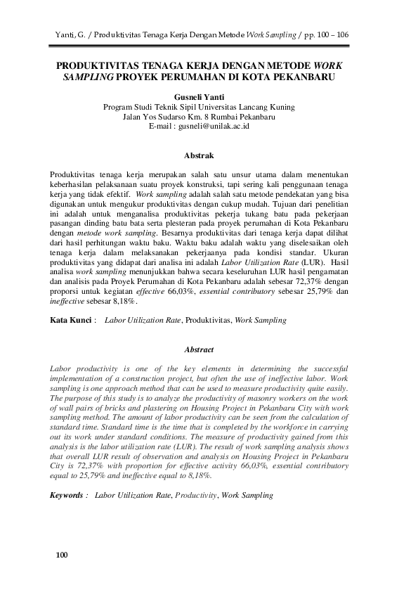 (PDF) Produktivitas Tenaga Kerja Dengan Metode Work Sampling Proyek ...