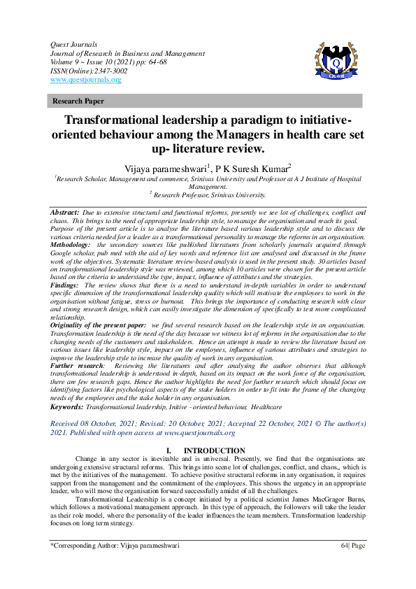 (PDF) Transformational leadership a paradigm to initiativeoriented ...