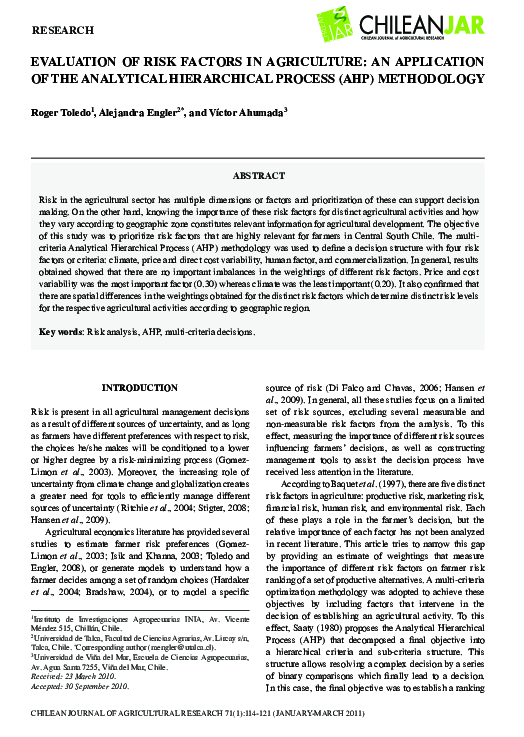 (PDF) Evaluation of Risk Factors in Agriculture: An Application of the ...