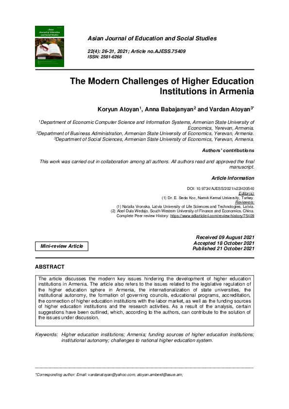 (PDF) The Modern Challenges of Higher Education Institutions in Armenia