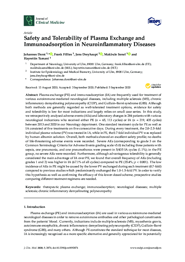 (PDF) Safety and Tolerability of Plasma Exchange and Immunoadsorption ...