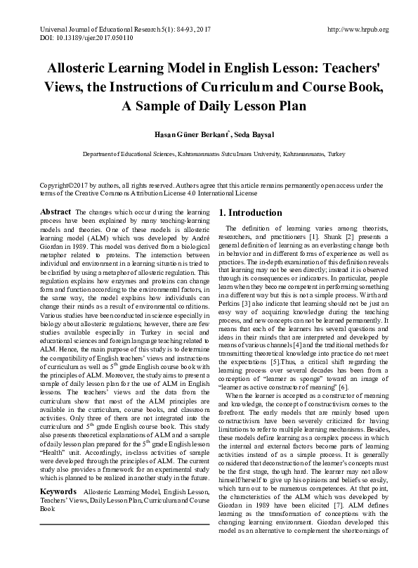 (PDF) Allosteric Learning Model in English Lesson: Teachers' Views, the ...