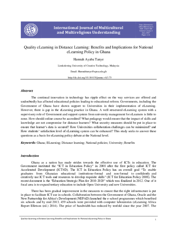 (PDF) Quality eLearning in Distance Learning: Benefits and Implications ...