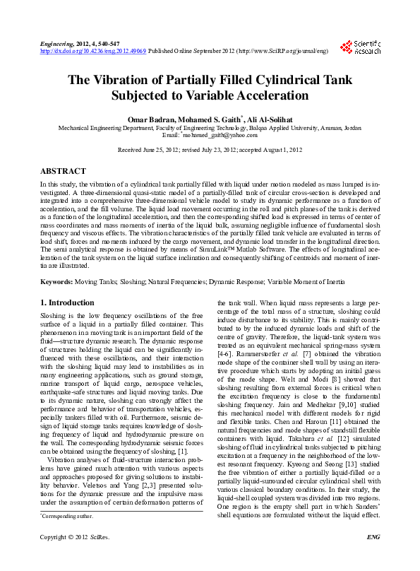 (PDF) The Vibration of Partially Filled Cylindrical Tank Subjected to ...