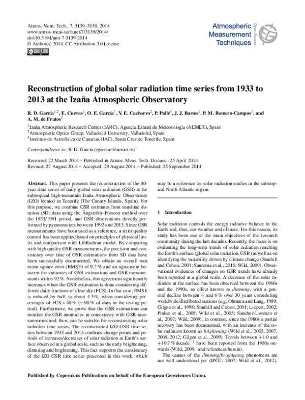 (PDF) Reconstruction of global solar radiation time series from 1933 to ...