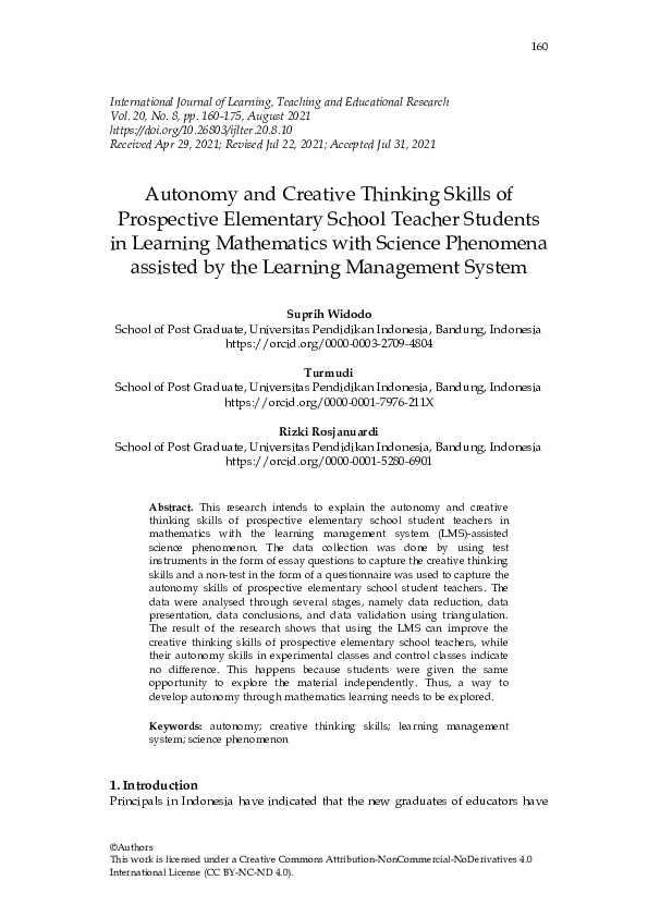 (PDF) Autonomy and Creative Thinking Skills of Prospective Elementary ...
