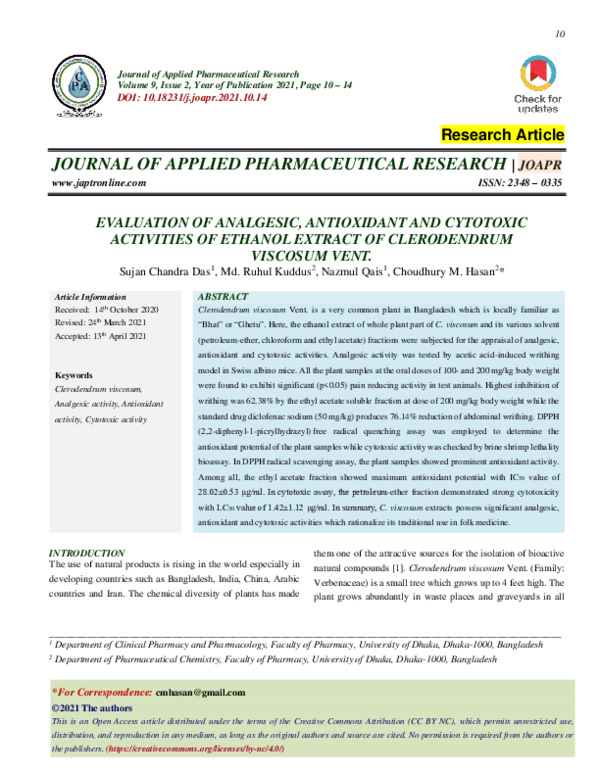 (PDF) EVALUATION OF ANALGESIC, ANTIOXIDANT AND CYTOTOXIC ACTIVITIES OF ...