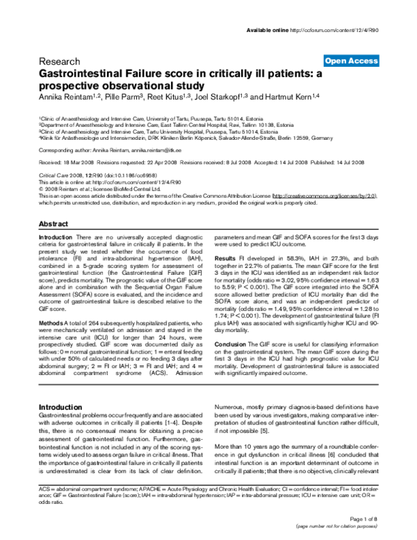 (PDF) Gastrointestinal Failure score in critically ill patients: a ...