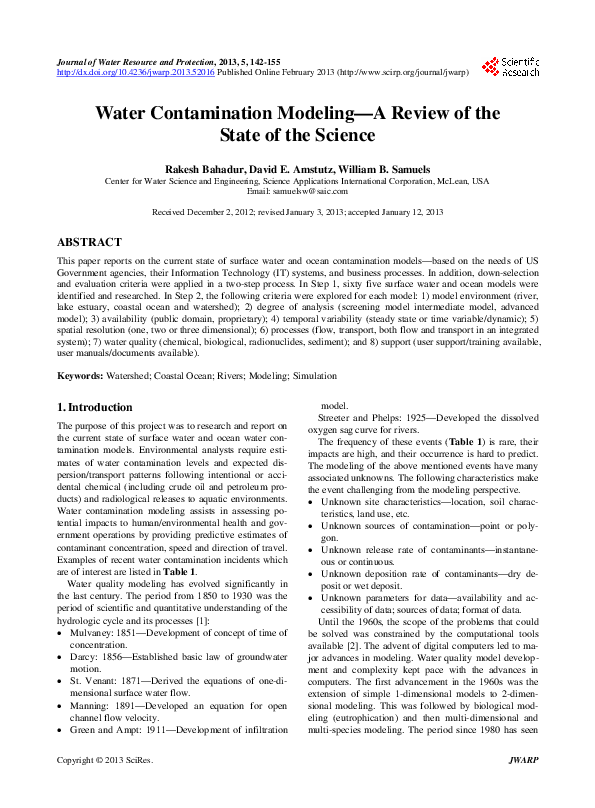 (PDF) Water Contamination Modeling—A Review of the State of the Science